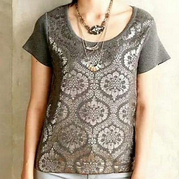 Anthropologie Tops - Anthropologie Moth Grey Silver Metallic Damask